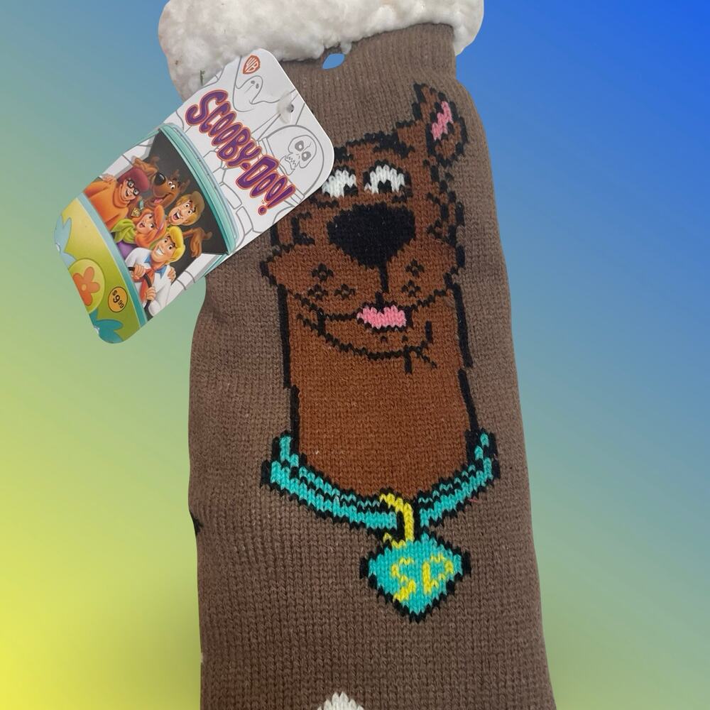 Scooby-Doo Sherpa Lined Slipper Socks Brown Teal Collar Dog Bones NWT One Size
